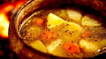Cozy Bowl of Hearty Stew Simmering by a Warm Fire. photo