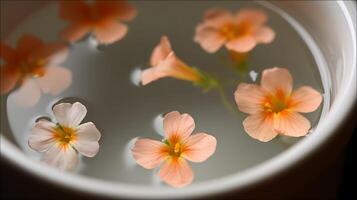 Delicate Peach Flowers Floating Gently in Water Creating a Peaceful Scene. photo