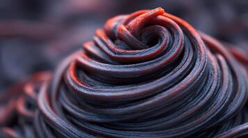 Close up of dark twisted licorice candy with red highlights. photo