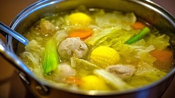 Hearty and Warm Vegetable Soup with Meatballs in a Pot. photo