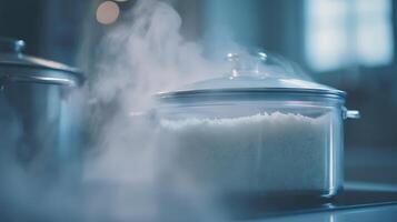 Steaming Rice Cooking in a Clear Pot with Soft Bokeh Lights. photo