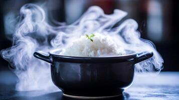 Steaming Hot White Rice in a Black Bowl with Delicate Herb Garnish. photo
