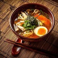 Delicious Ramen Soup with Soft Boiled Egg and Chopsticks. photo