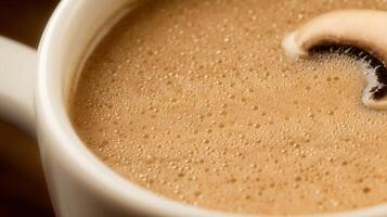 Close up of creamy latte with a fresh mushroom slice. photo