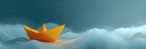 Isolated Paper Boat Floats on Soft Stormy Gradient in Tranquil Waters During an Overcast Day photo