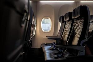 Empty Airplane Seats With a View of Clouds Outside the Window During a Flight at Sunset photo