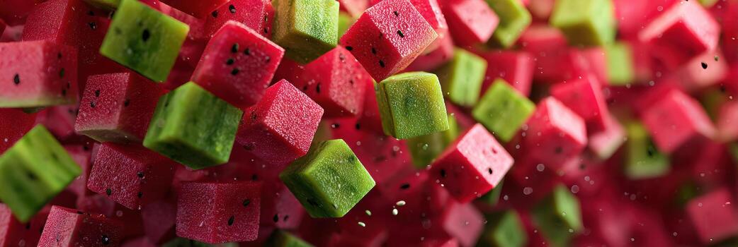Abstract Structure of Watermelon Cubes Creating a Dynamic Visual Arrangement With Open Space Above photo