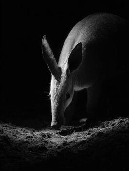 Aardvark Exploring the Ground at Night With Dramatic Shadows Creating an Intriguing Atmosphere in a Dark Environment photo
