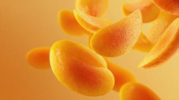 Floating Mango Slices Create Vibrant Visual With Realistic Drop Shadows Against a Clean Top Zone Background photo