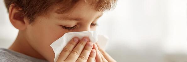 Child Blowing Nose Into Tissue in a Bright and Minimal Background During a Calm Indoor Setting, Focusing on Cleanliness and Care photo