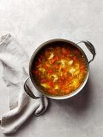 Delicious Chicken Soup Simmering on a Kitchen Counter With Fresh Ingredients and a Cozy Atmosphere Ready for a Warm Meal photo