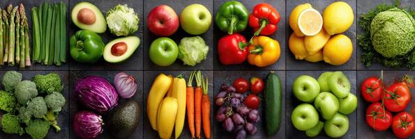Healthy Food Grid Layout Featuring Vibrant Fruits and Vegetables Arranged in a Visually Appealing Manner for Meal Prep Ideas photo