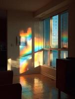 Colorful Light Filtering Through a Window, Creating a Vibrant Atmosphere in a Tranquil Interior Space During the Late Afternoon photo