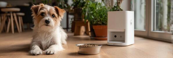 Small Breed Dog Eagerly Waits for Meal Beside Automatic Food Dispenser in a Cozy Home Setting photo