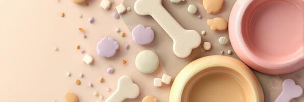 Creative Banner Mockup for Pet Brand Featuring Pastel Bowls and Bone Shapes in an Open and Inviting Design photo