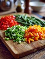 Colorful Chopped Veggies on a Wooden Cutting Board Ready for Meal Prep in a Cozy Kitchen Setting photo