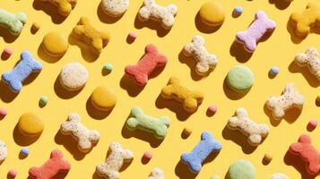 Bright and Playful Arrangement of Colorful Dog Treats on a Dotted Background With a Clean Upper Third Space for Branding photo