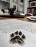 Cat Paw Print on Paperwork With a Neat Desk in the Background, Showcasing a Playful Moment in a Workspace photo