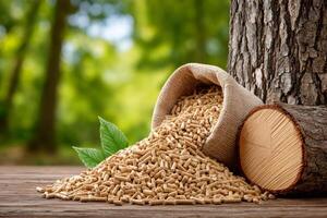Wooden pellets and log on a table with green leaves, an eco friendly and sustainable fuel photo