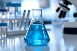 Erlenmeyer flask containing blue chemical liquid stands in laboratory setting photo
