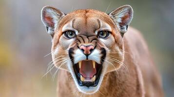 Cougar snarling showing teeth and fangs in close up portrait photo