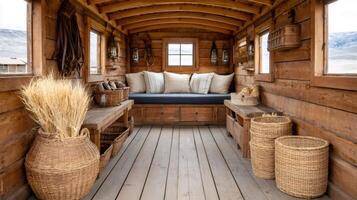 Cozy interior of rustic wooden wagon featuring cushioned bench and wicker baskets photo