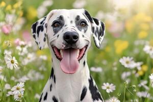 Happy dalmatian dog smiling in a field of flowers photo