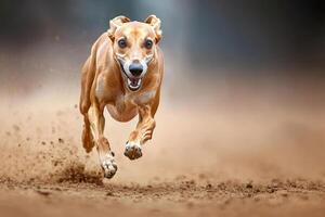 Greyhound running fast on sand track raising dust photo