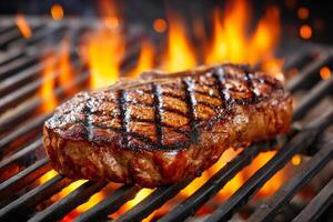 Grilled beef steak cooking over flames on a barbecue grill photo