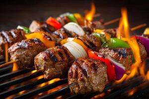 Meat and vegetable skewers grilling on a barbecue with flames photo