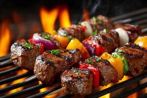 Beef and vegetable skewers are grilling on a barbecue with open flames photo