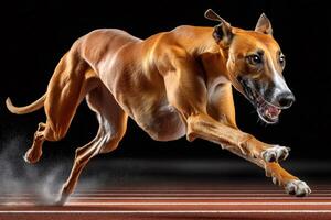 Greyhound running at full speed on track photo