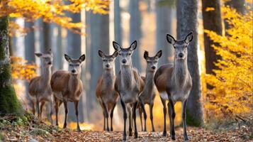 Red deer hinds standing on a path in an autumn forest photo