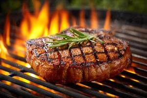 Delicious grilled beef steak with rosemary grilling on barbecue fire photo