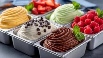 Ice cream flavors displayed in metal trays with toppings and mint photo