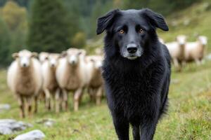 Black sheepdog guarding flock of sheep in green meadow.. photo