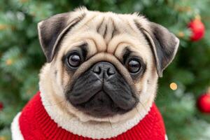 Cute pug puppy wearing christmas red sweater in front of christmas tree photo