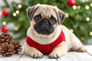 Cute pug puppy wearing christmas red sweater lying down near pine cones photo