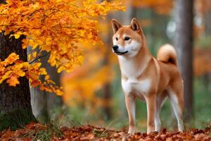 Shiba inu dog standing in autumn forest photo