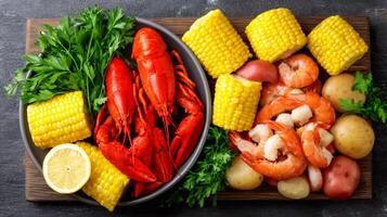 Delicious seafood boil featuring lobster, shrimp, corn on the cob, potatoes, and lemon photo