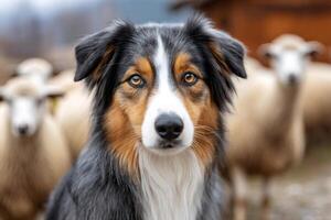 Australian shepherd dog guarding flock of sheep on farm photo