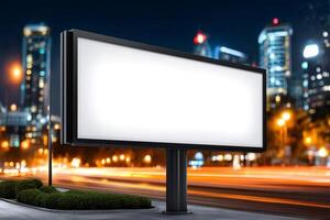Blank billboard by busy road at night showing motion blur of traffic photo