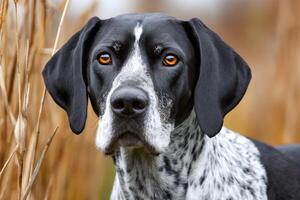Hunting dog looking intensely with amber eyes and blurred background photo