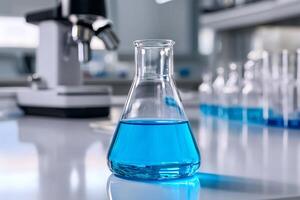 Erlenmeyer flask containing blue liquid stands on laboratory table. . photo