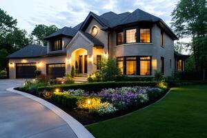 Luxurious suburban home illuminating the twilight with warm light photo