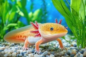 Golden albino axolotl walking on gravel in freshwater aquarium with green plants photo