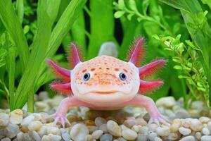 Pink axolotl smiling underwater near green plants. .. photo
