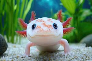 Pink axolotl smiling underwater near green plants. . photo