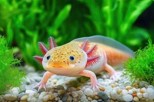 Close-up of an axolotl exploring a planted freshwater aquarium photo