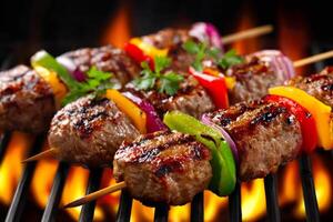 Delicious grilled meat and vegetable skewers grilling on barbecue photo